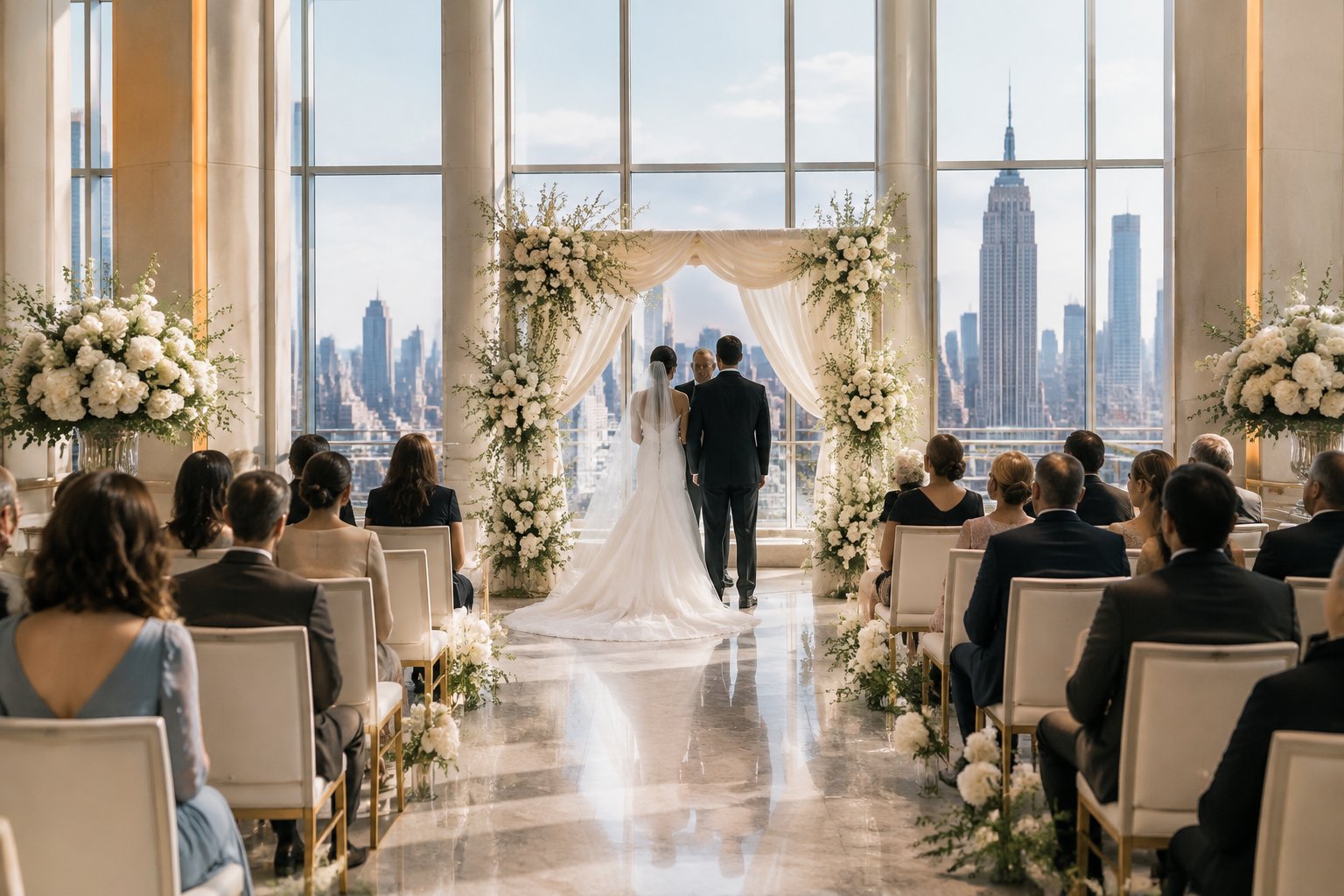An elegant wedding ceremony takes place in a refined venue overlooking the New York City skyline.