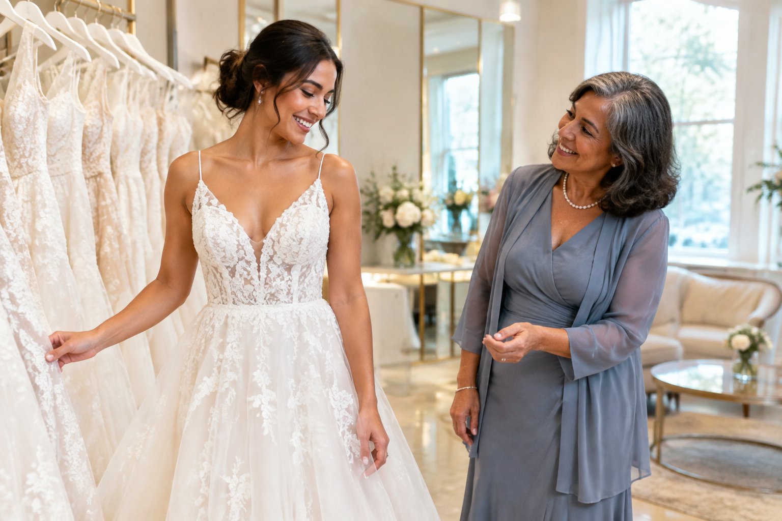 A bride-to-be and her future mother-in-law browse wedding dresses together in a bridal boutique.
