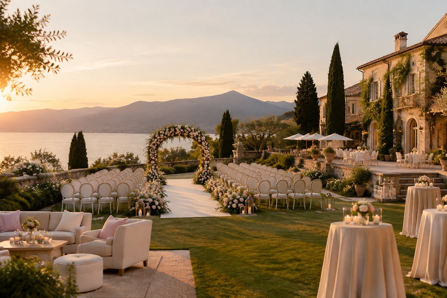 An elegant outdoor wedding ceremony setup at a luxury destination venue with a floral arch, aisle, chairs, and scenic gardens.