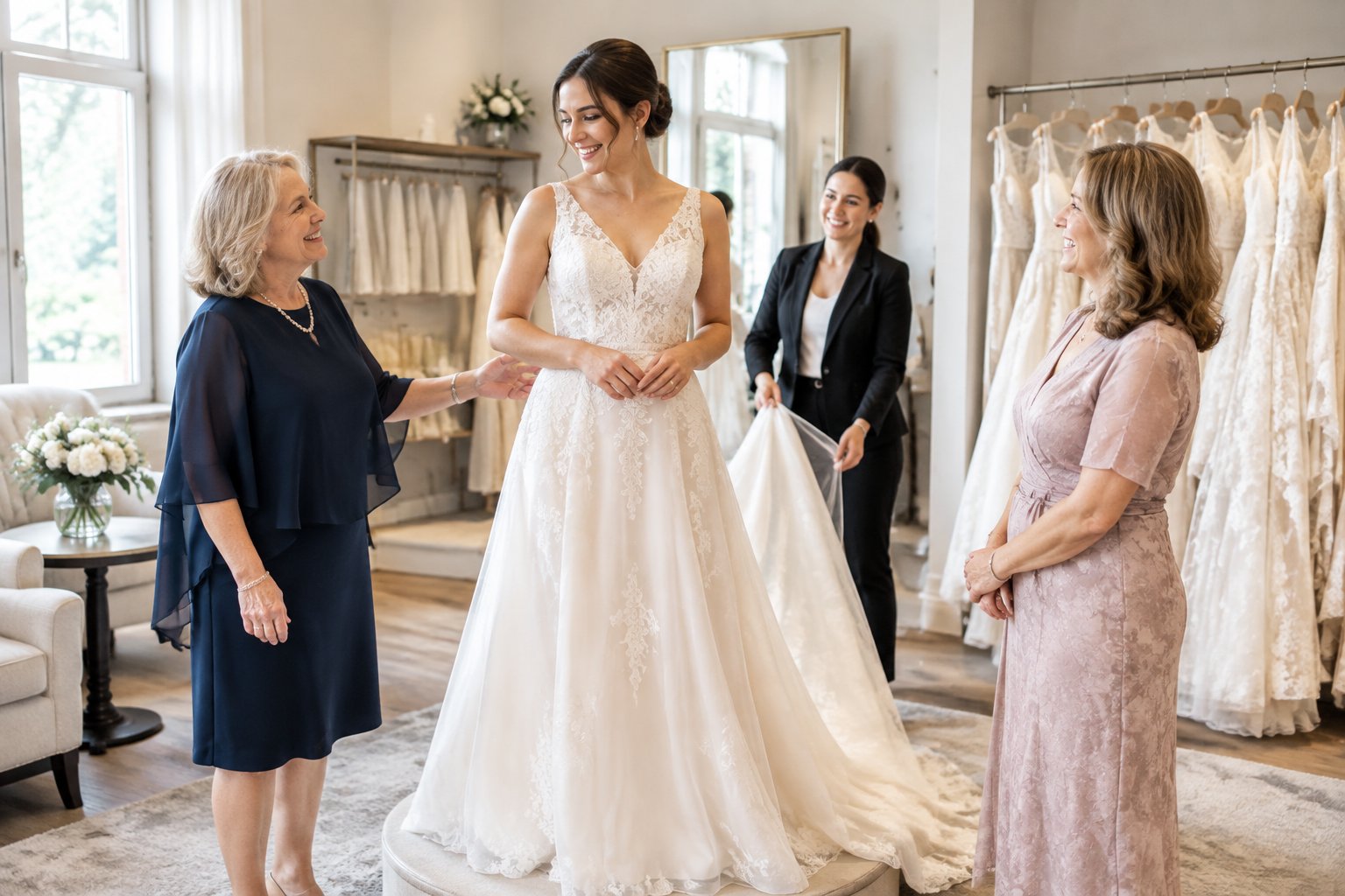 A bride considers a wedding dress while her future mother-in-law and a bridal consultant offer supportive feedback in a boutique.