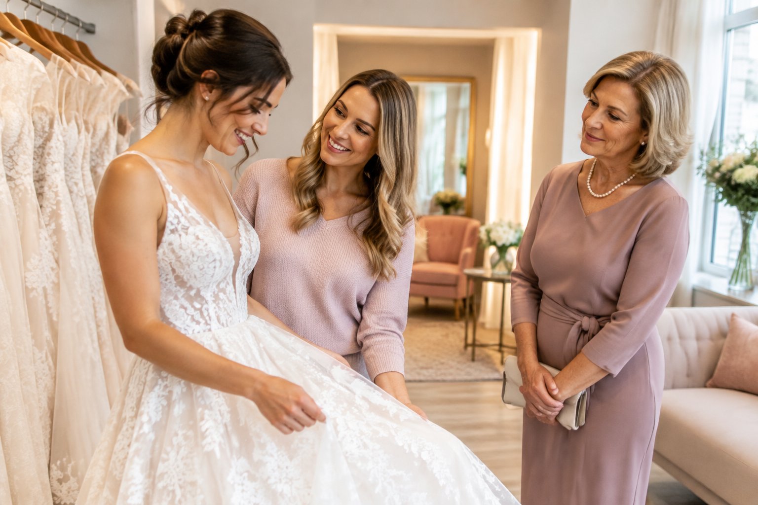 A bride-to-be discusses wedding dress shopping with two supportive women in a bridal boutique.