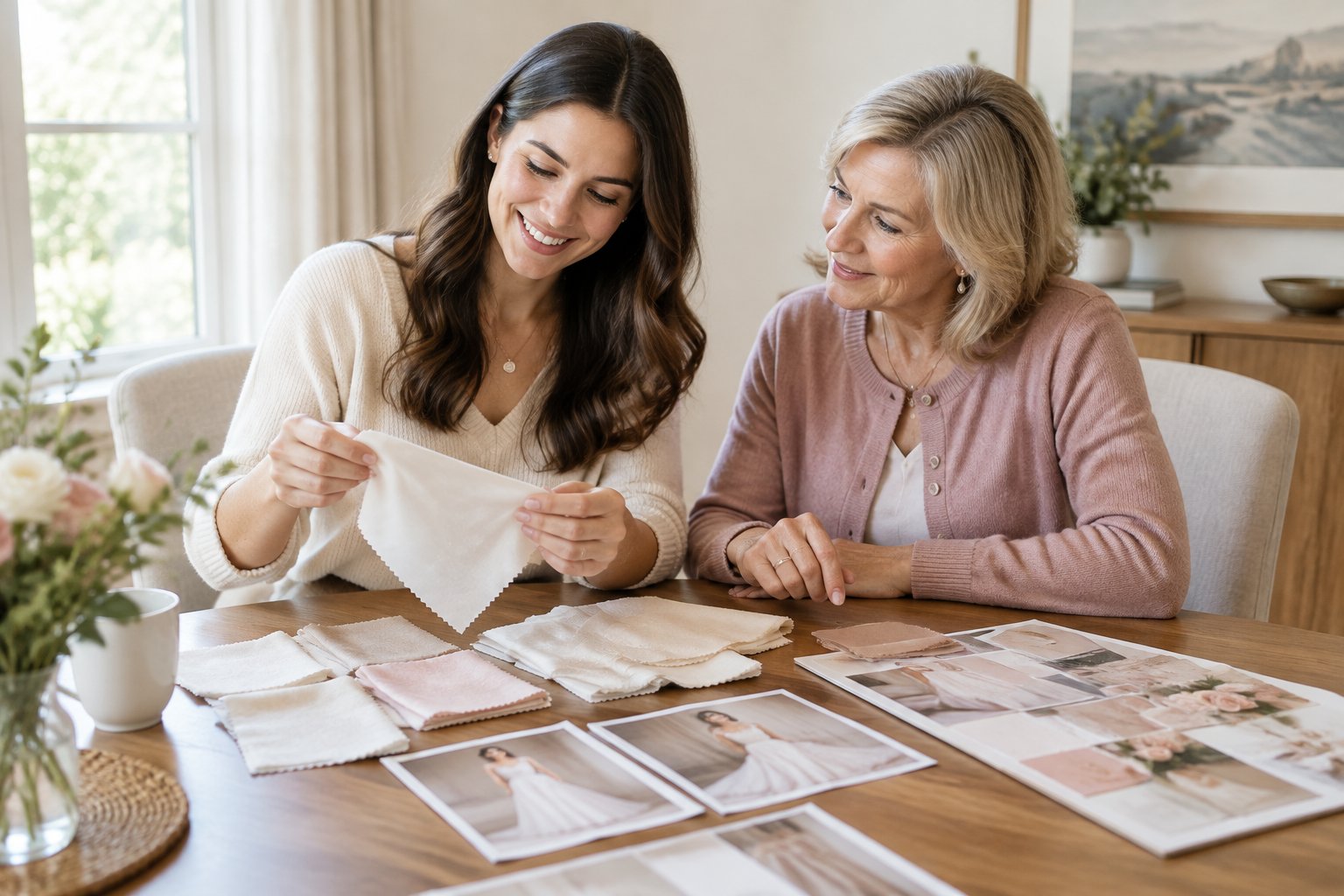 A bride-to-be and the groom’s mother review wedding dress ideas and fabric samples together at home.