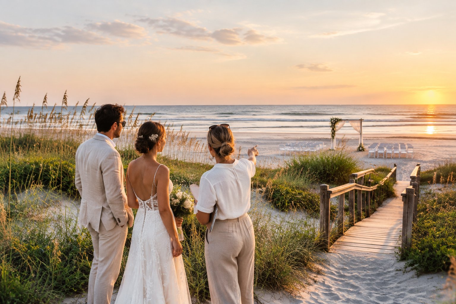 A couple and wedding planner survey a sandy coastal wedding setting with dunes, a boardwalk, and ocean views.