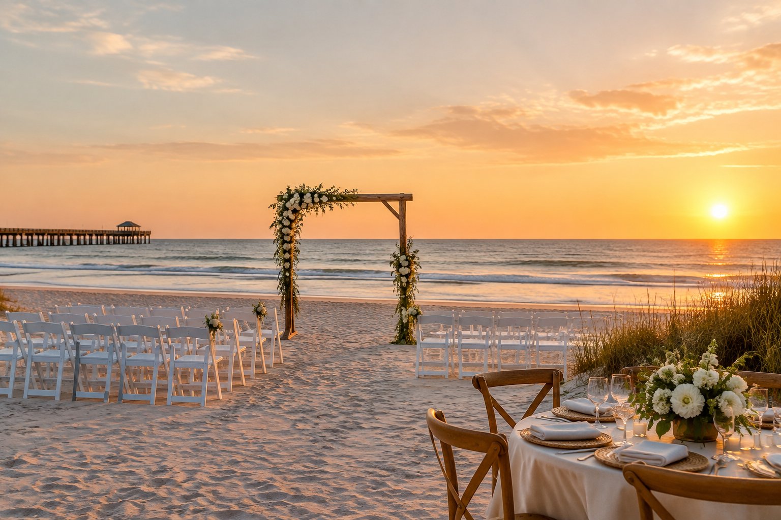 A decorated beachfront wedding ceremony setup with white chairs, a floral arbor, and the ocean at sunset.