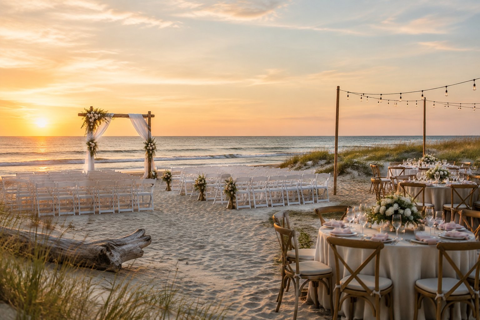 Elegant wedding ceremony and reception setup on a sandy beach beside the ocean.