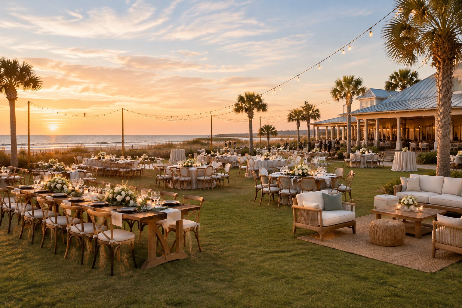 An elegant outdoor wedding reception venue overlooking a coastal landscape near Folly Beach.