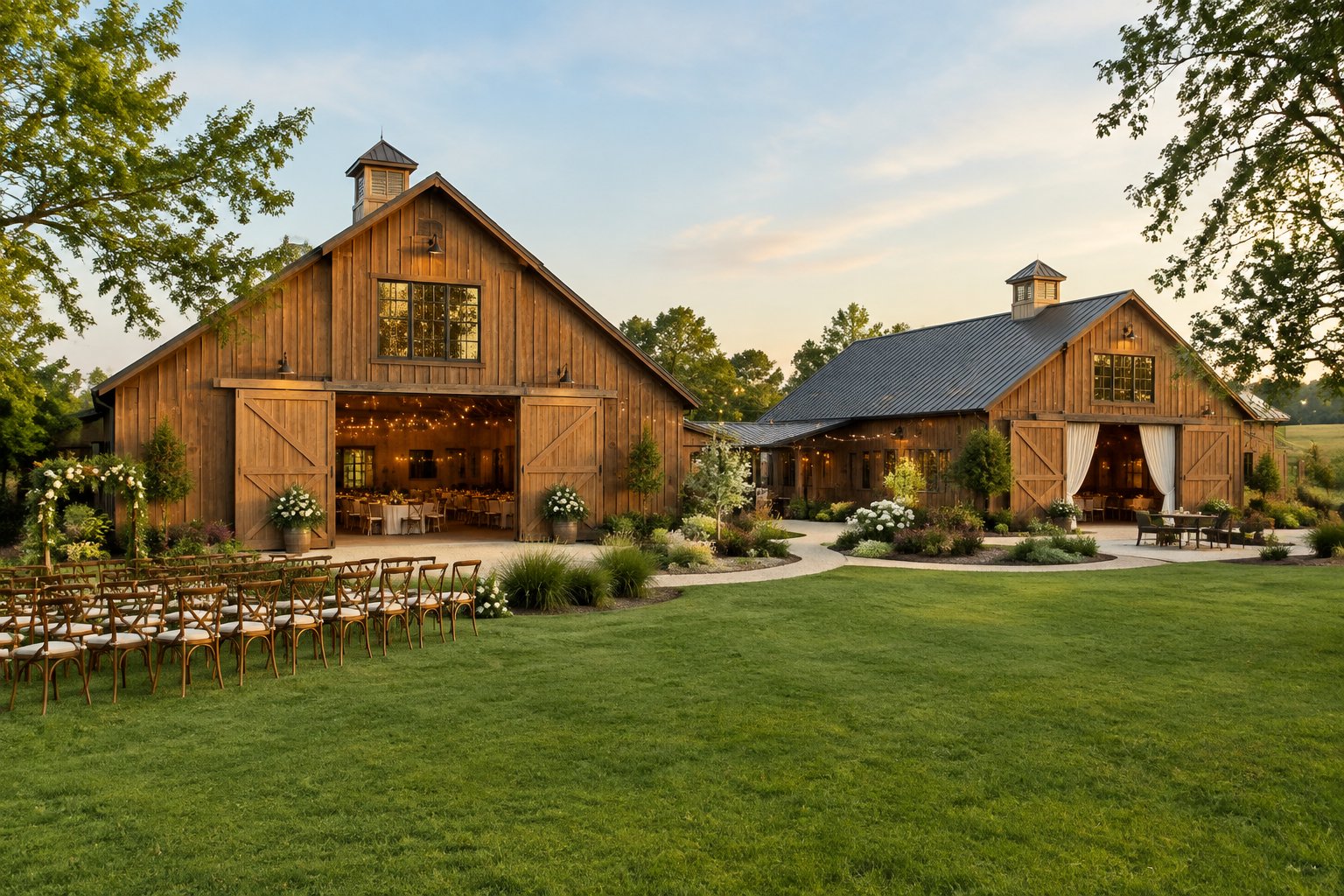 Two rustic barns arranged as a wedding venue in a landscaped countryside setting.
