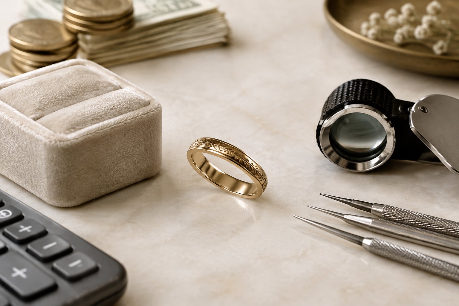 An etched wedding band displayed beside jewelry tools and budgeting items on a jeweler’s work surface.