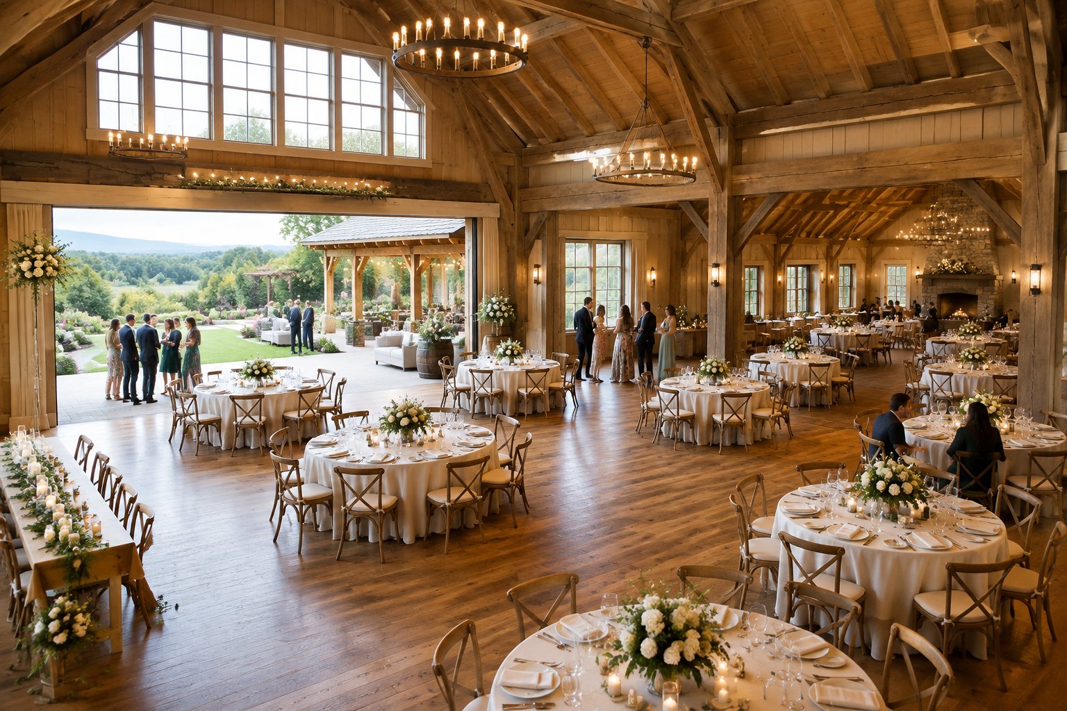 A spacious double barn wedding venue with arranged reception tables, open walkways, and guests enjoying the connected indoor and outdoor spaces.