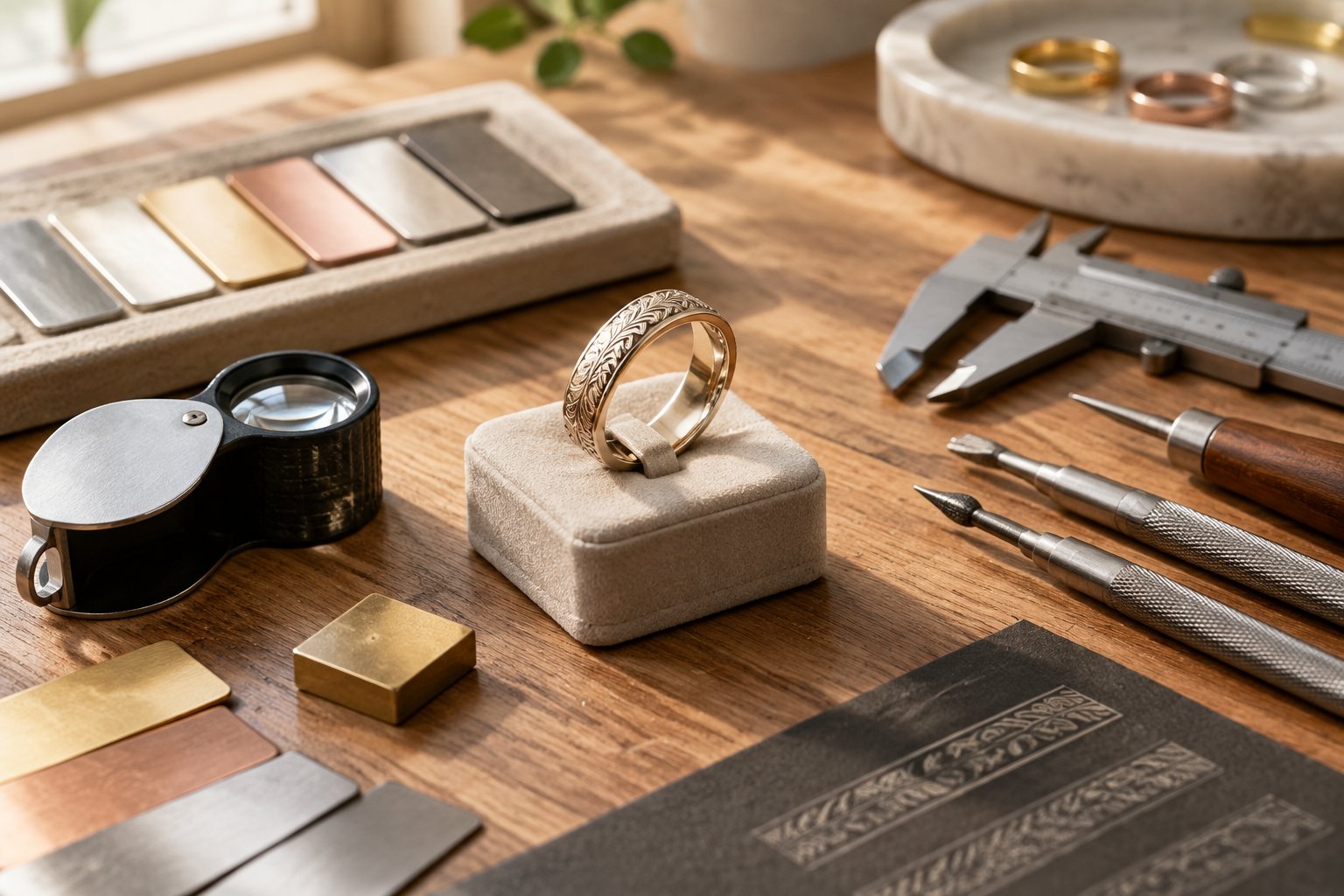 An etched wedding band displayed on a jeweler’s workbench beside engraving tools and metal samples.