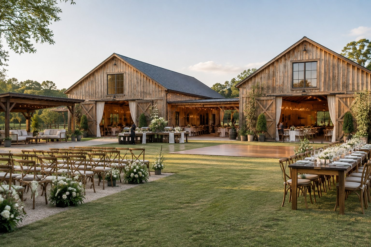 A double barn wedding venue arranged with tables, chairs, flowers, and event furnishings for a celebration.