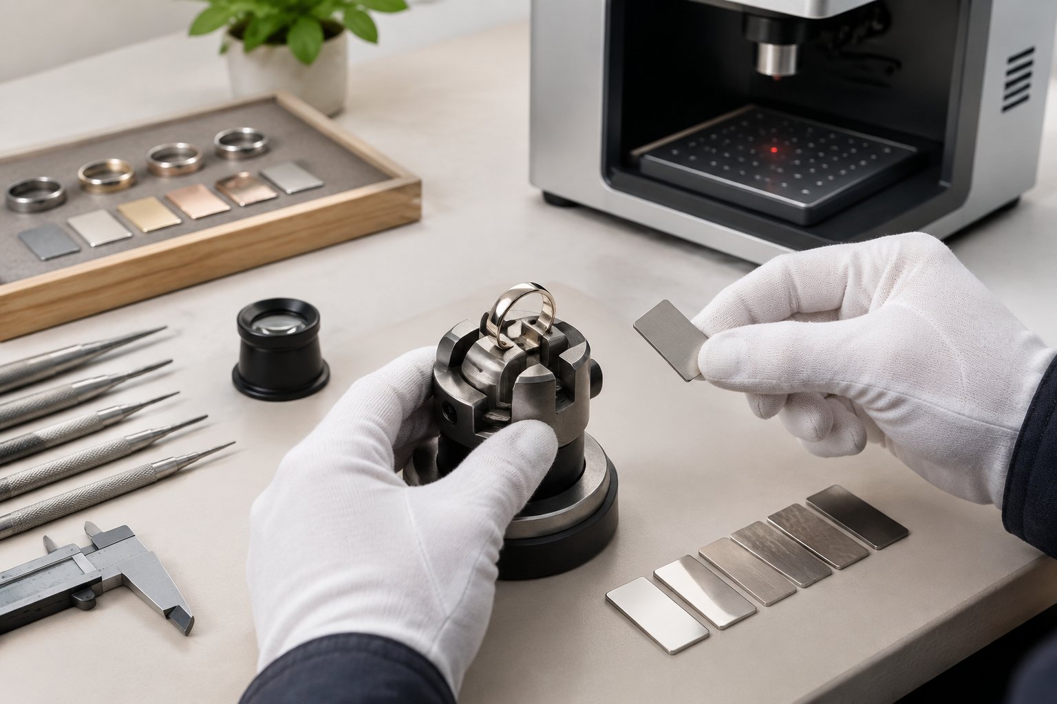 A jeweler compares engraving tools and methods beside a wedding band on a workbench.