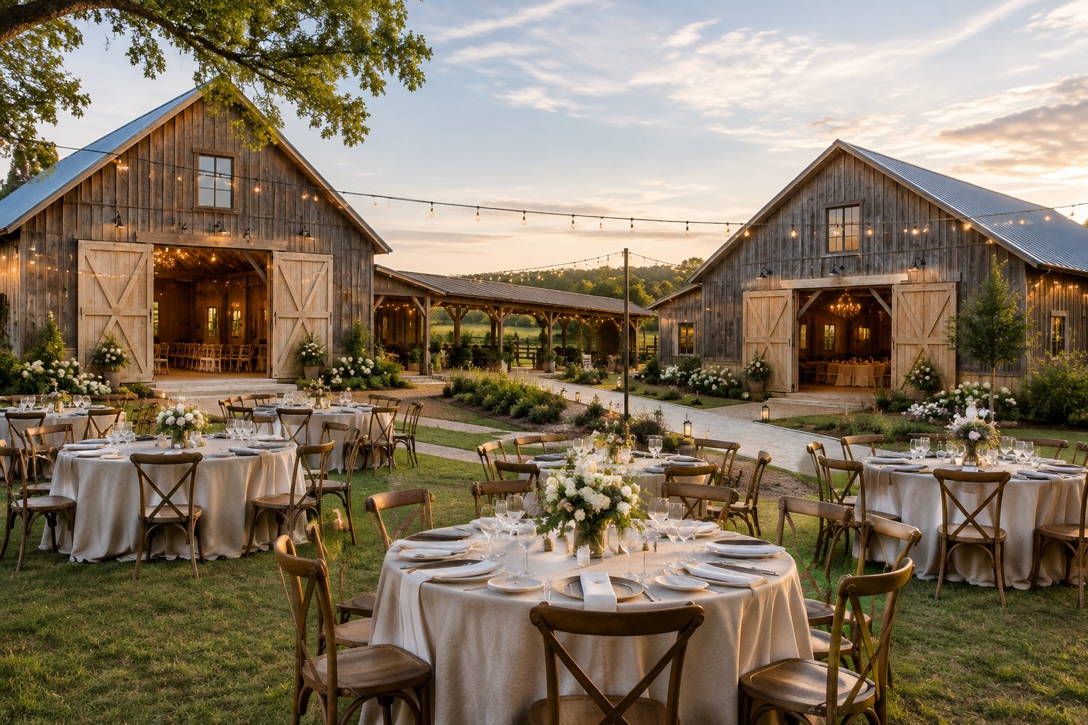 Two rustic barns at a countryside wedding venue with decorated tables and string lights.