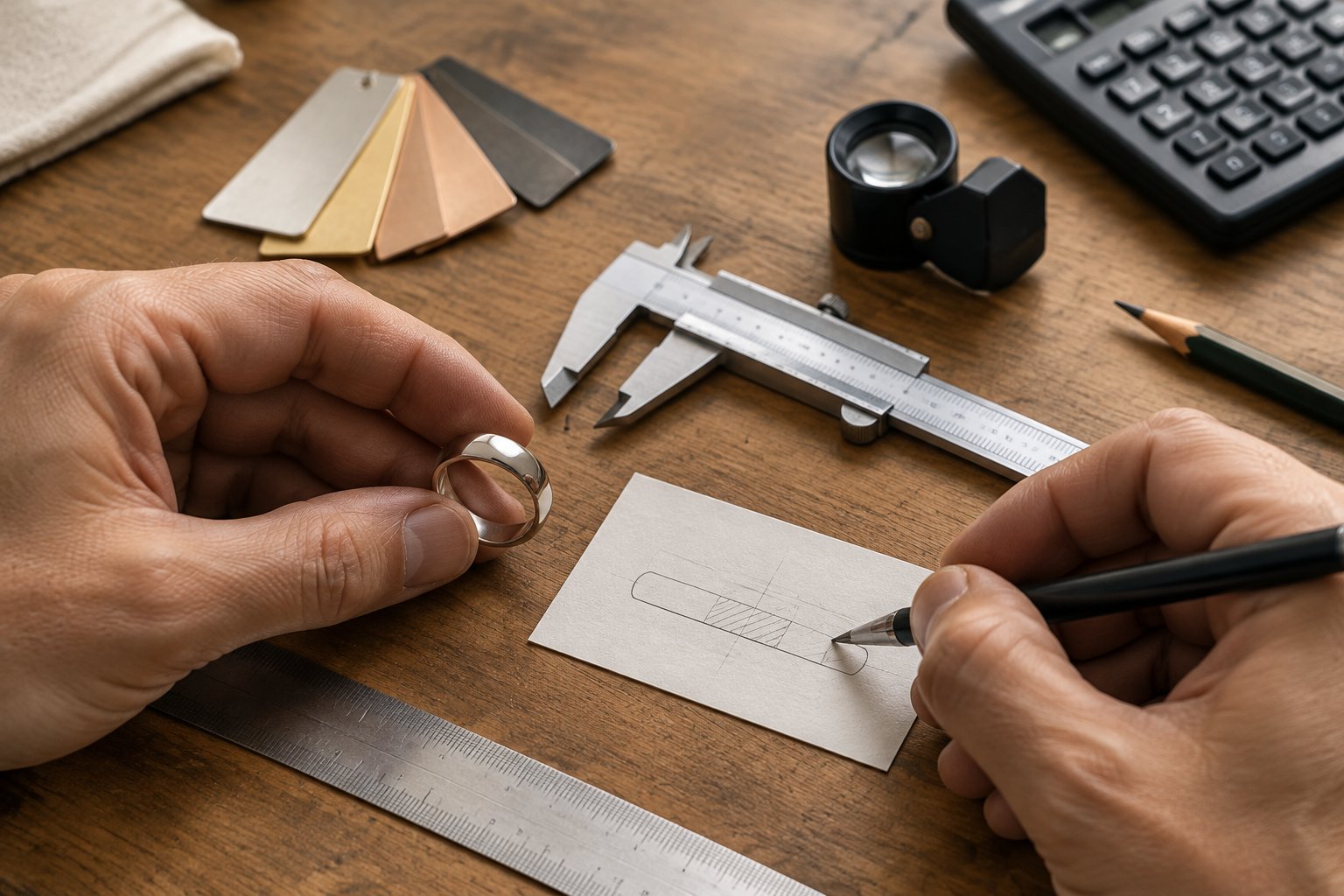 A jeweler measures a plain wedding band beside engraving tools, a design template, and cost-planning materials.