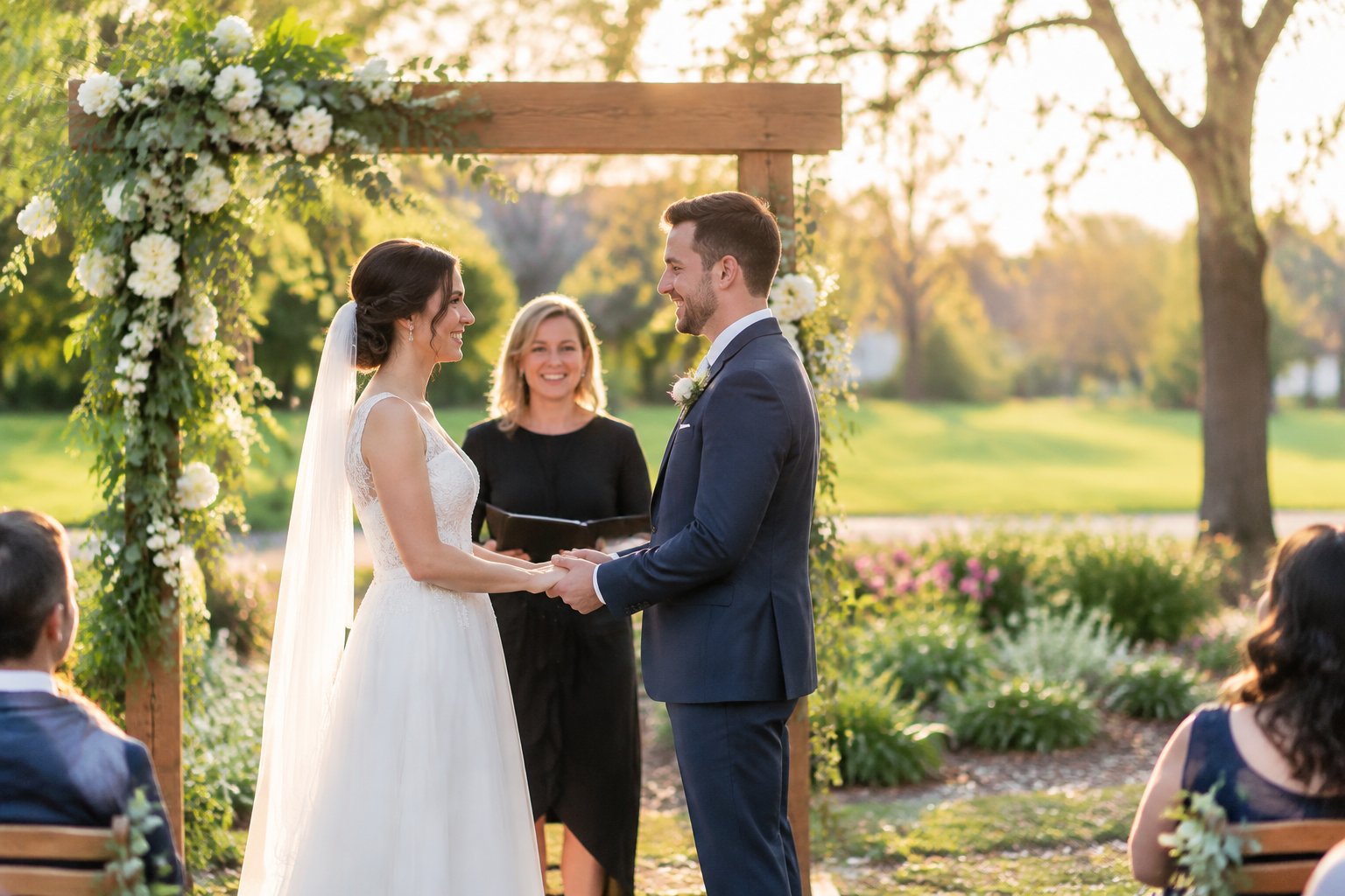 A couple exchanges wedding vows beneath a flower-decorated arbor in a sunny public garden.
