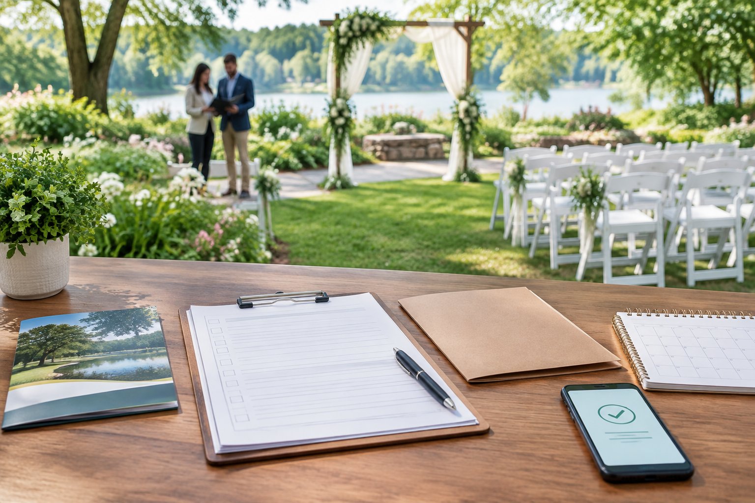 A person reviews blank permit forms and a checklist at a table near an outdoor wedding ceremony setup in a public garden.
