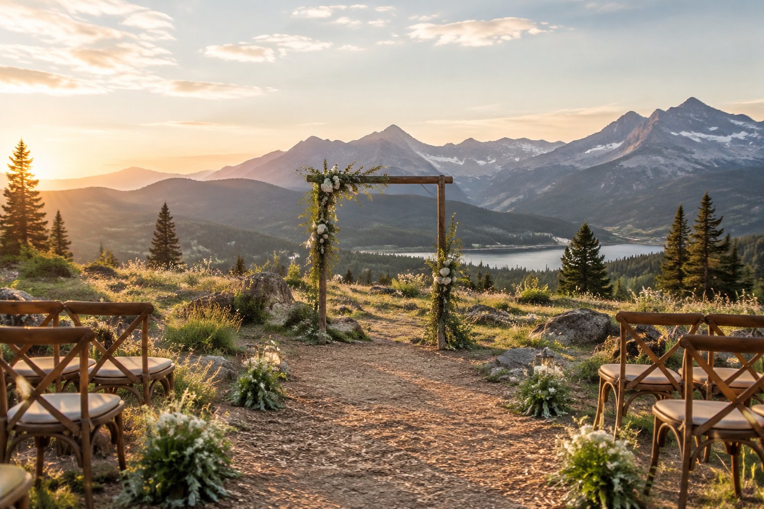 A simple outdoor wedding ceremony setup in a meadow with mountains in the background.