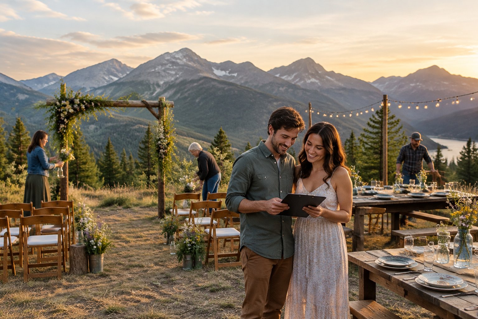 A couple plans a simple outdoor wedding ceremony and reception at a scenic mountain venue.