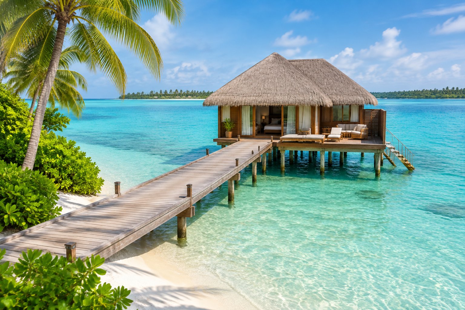 An overwater bungalow connected to a tropical beach by a wooden walkway.