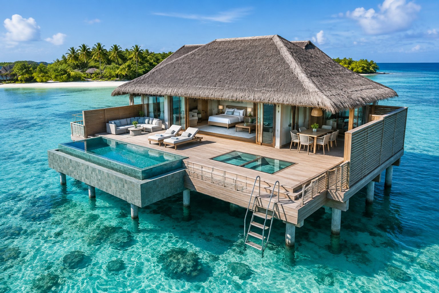 A luxurious overwater bungalow with a private deck, plunge pool, and direct access to a clear tropical lagoon.