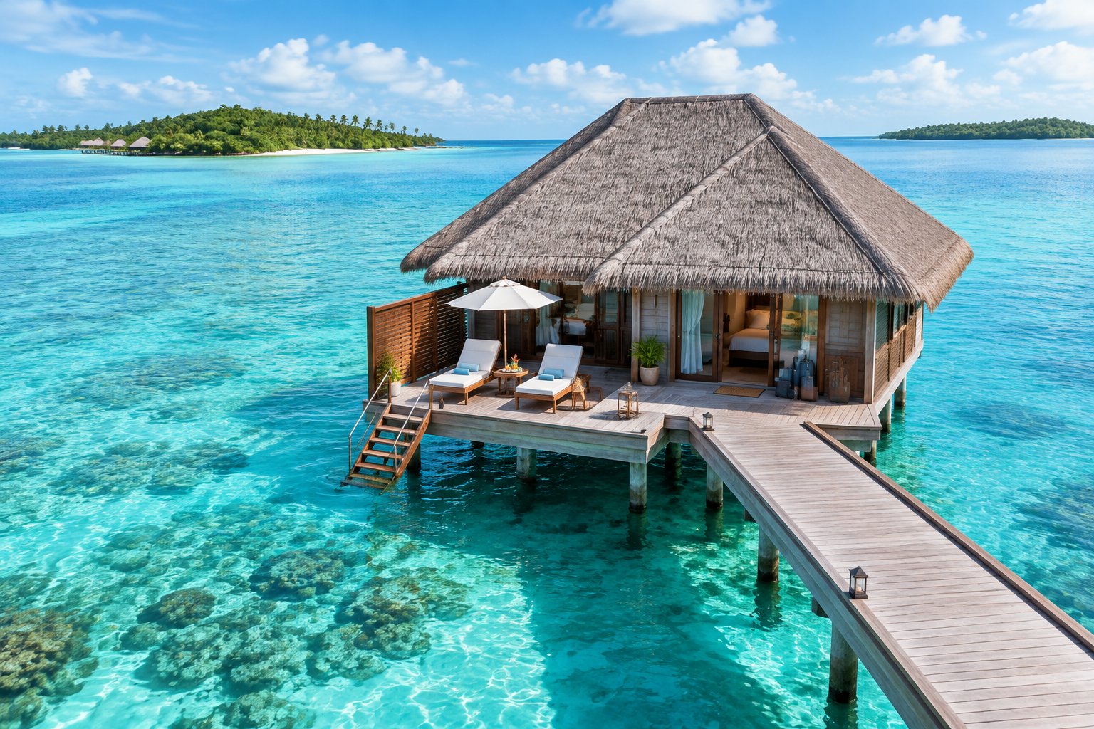 A luxury overwater bungalow with a private deck above clear turquoise lagoon water.