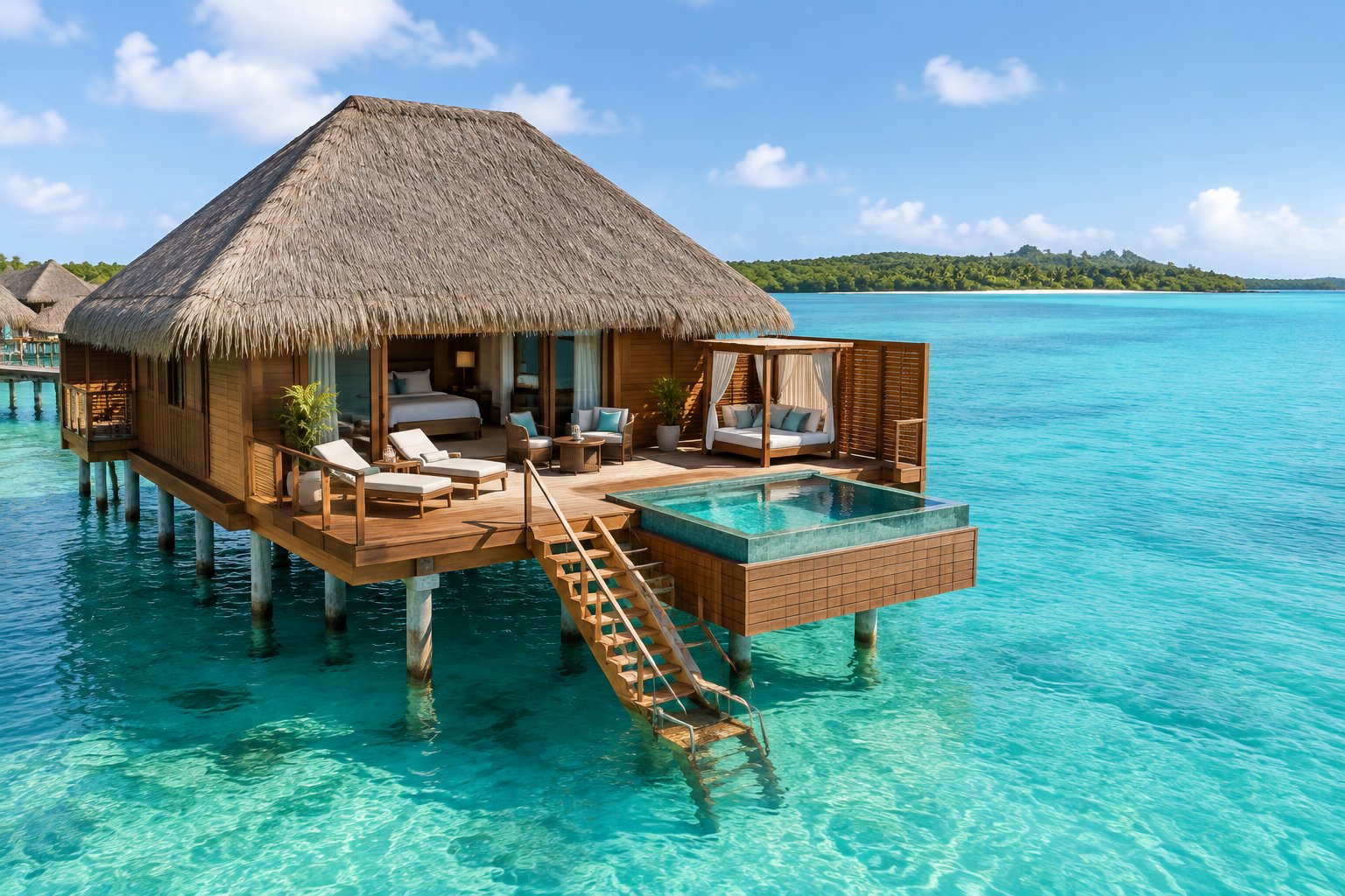 A luxury overwater bungalow on stilts above clear turquoise Caribbean water.