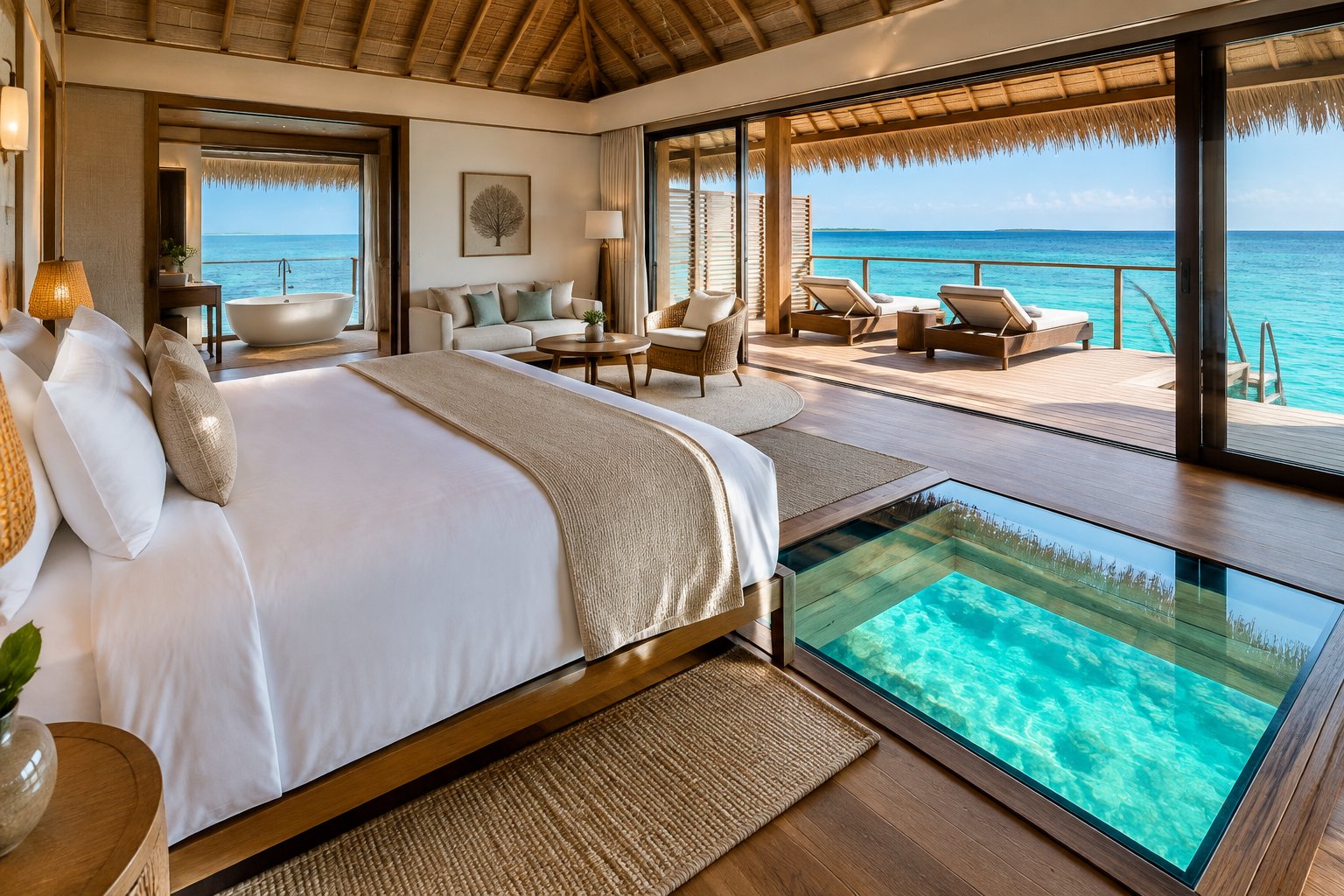 A luxurious overwater bungalow bedroom and lounge with ocean views, a private terrace, and a glass floor panel above turquoise water.