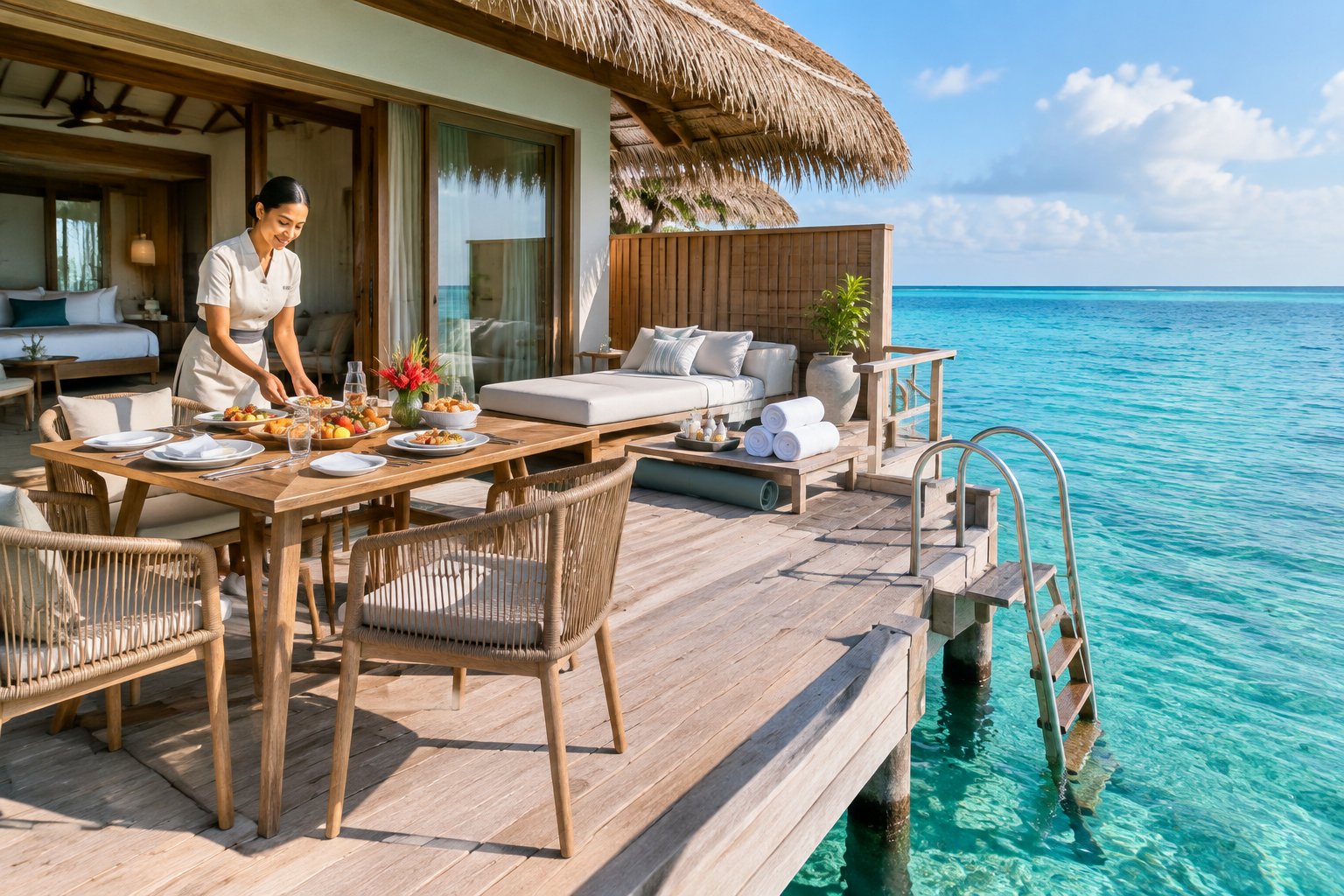 A butler serves breakfast on the terrace of a luxury overwater bungalow above clear turquoise water.