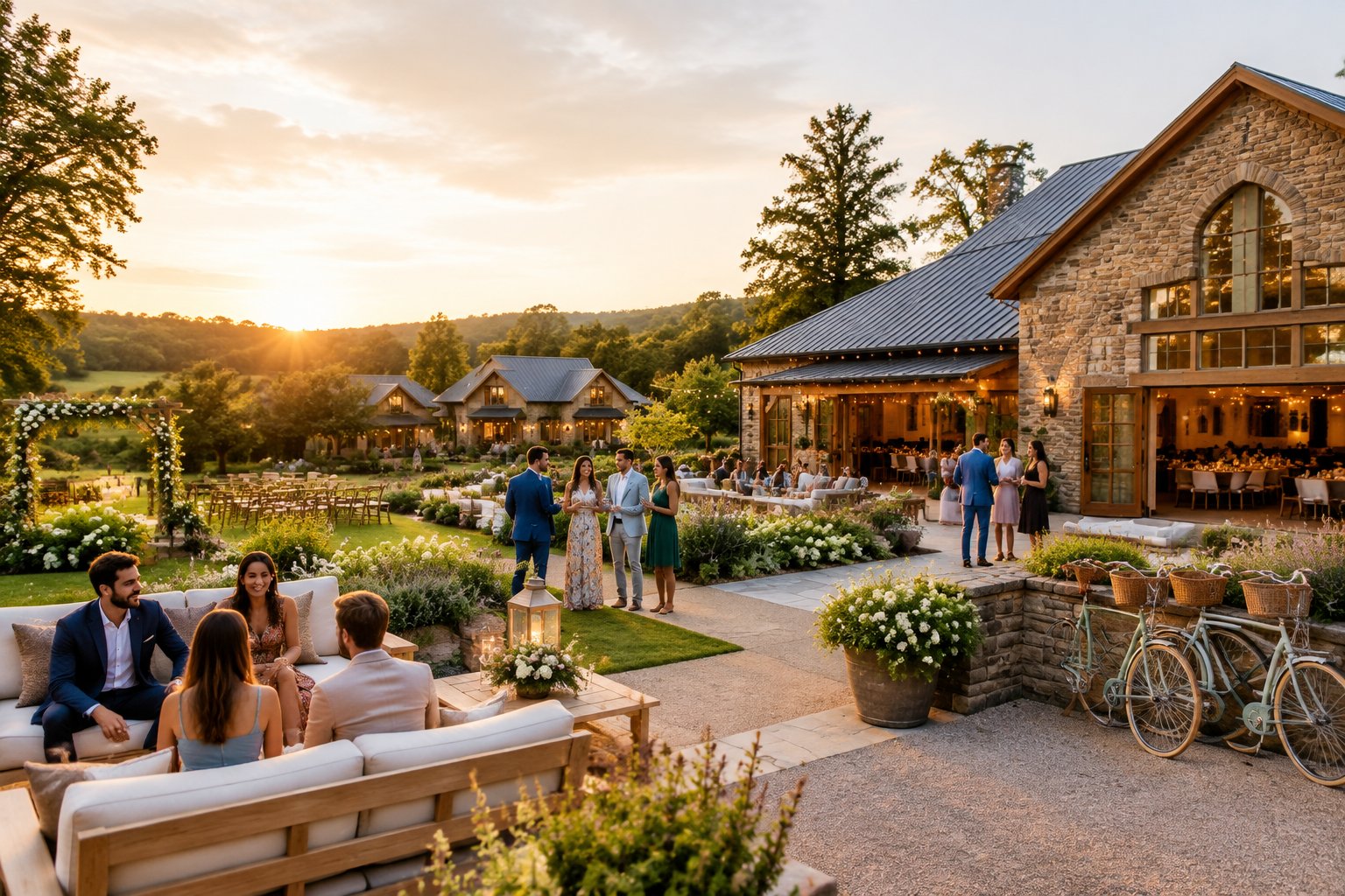 Wedding guests gather at an elegant countryside venue with gardens, cottages, and outdoor gathering spaces.