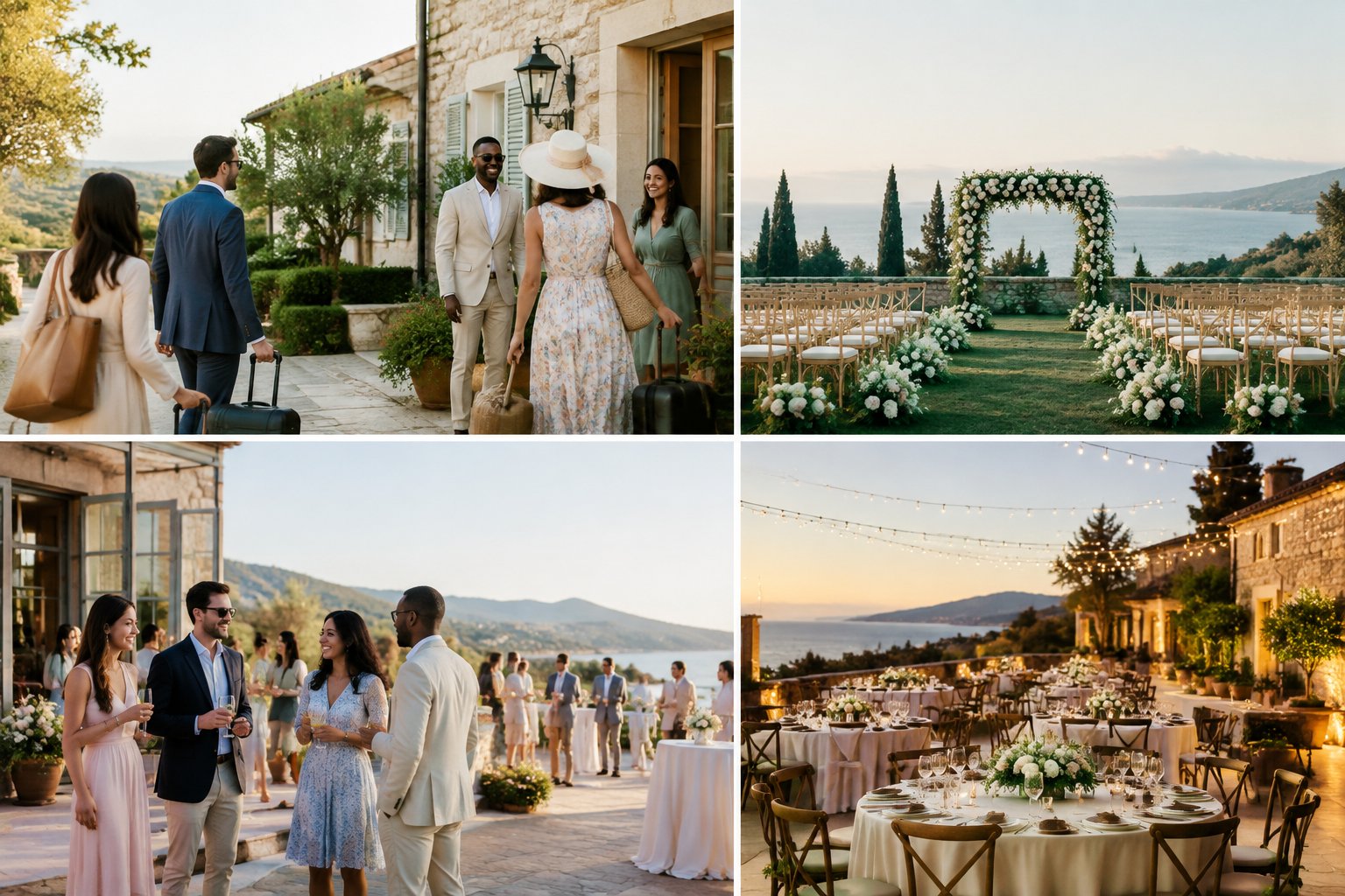 Wedding guests arrive at an elegant venue for a weekend celebration.