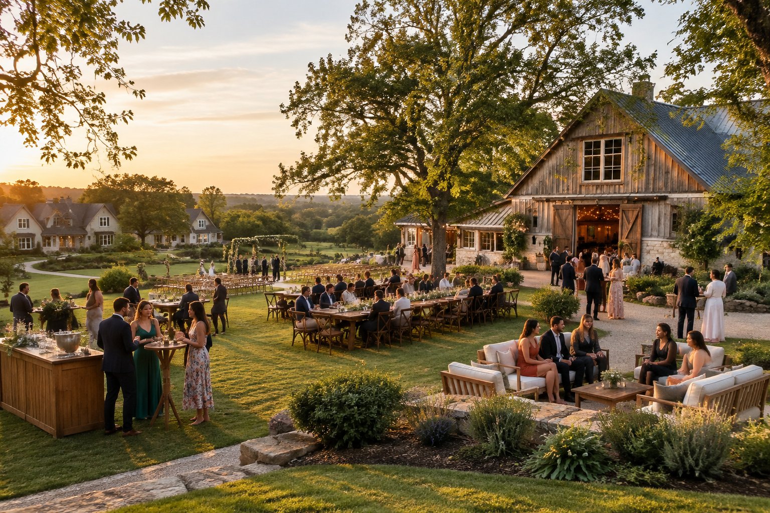 Guests gather at an elegant countryside wedding venue with gardens, dining tables, and guest cottages.