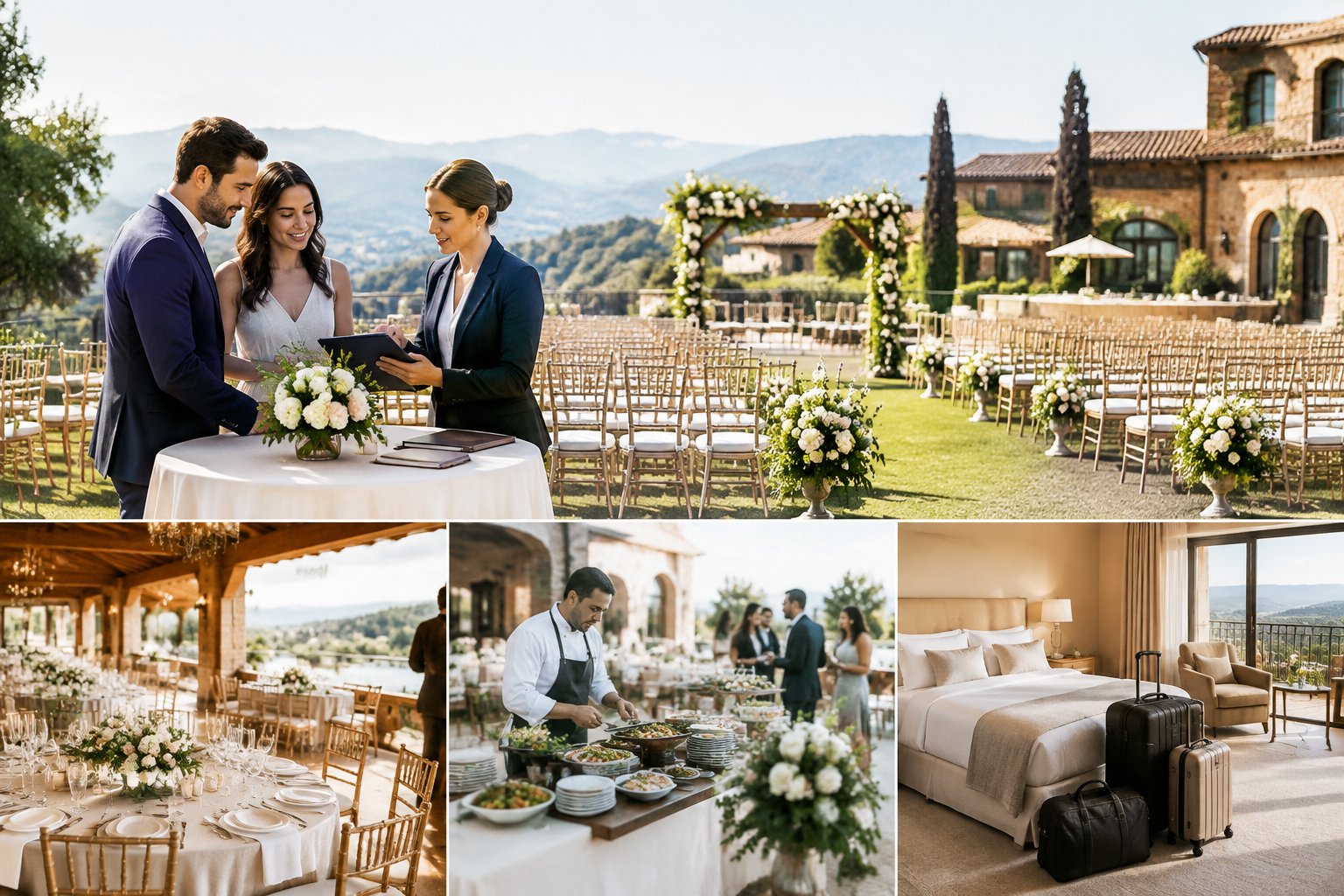 A couple and wedding planner review venue details at an elegant wedding reception space prepared for a full weekend celebration.