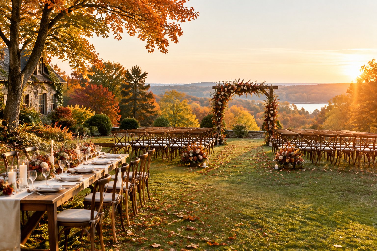 An elegant outdoor wedding ceremony and reception setting surrounded by colorful autumn trees.
