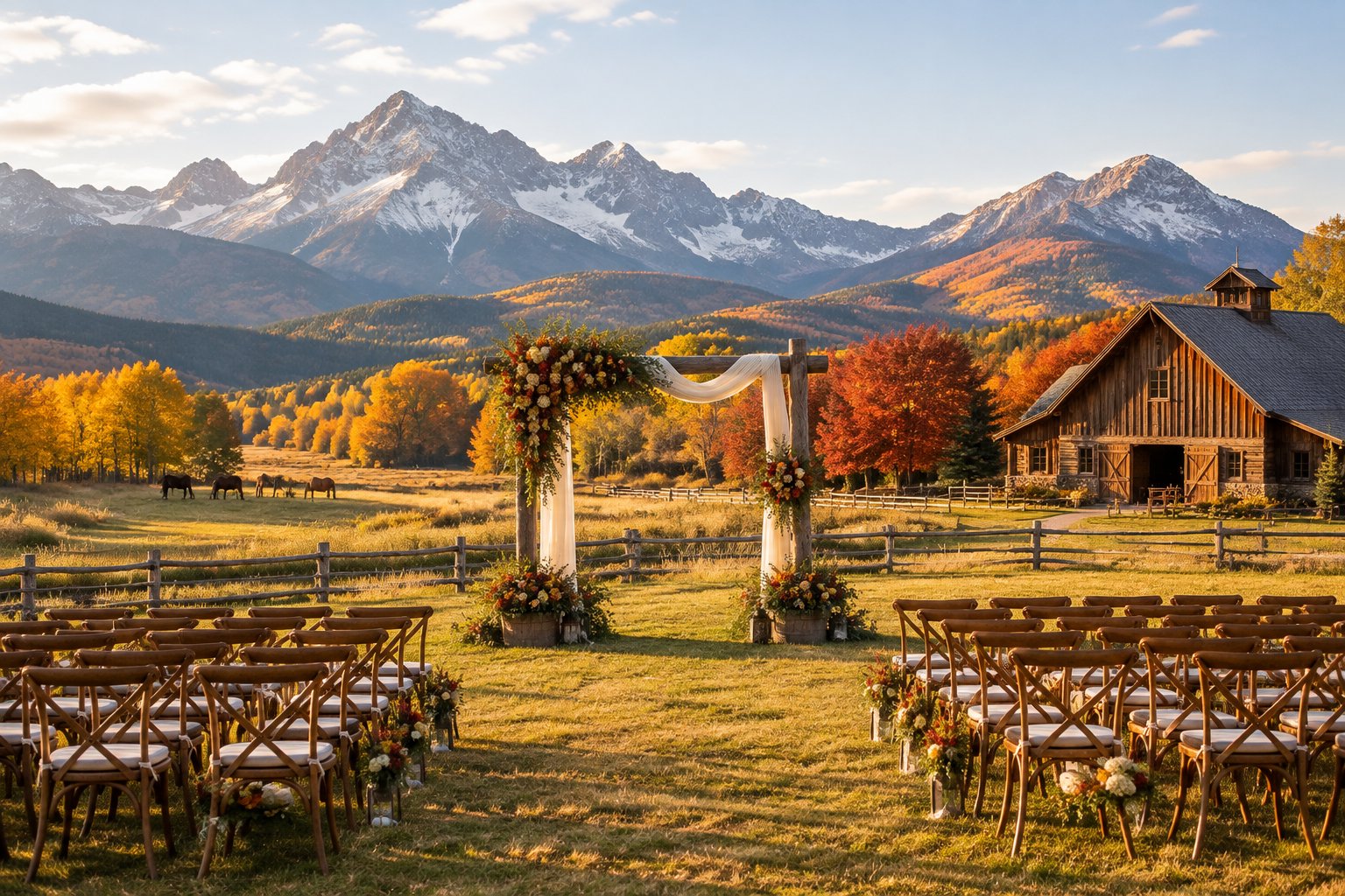 An elegant outdoor wedding ceremony setup in an autumn ranch meadow beneath dramatic mountain peaks.