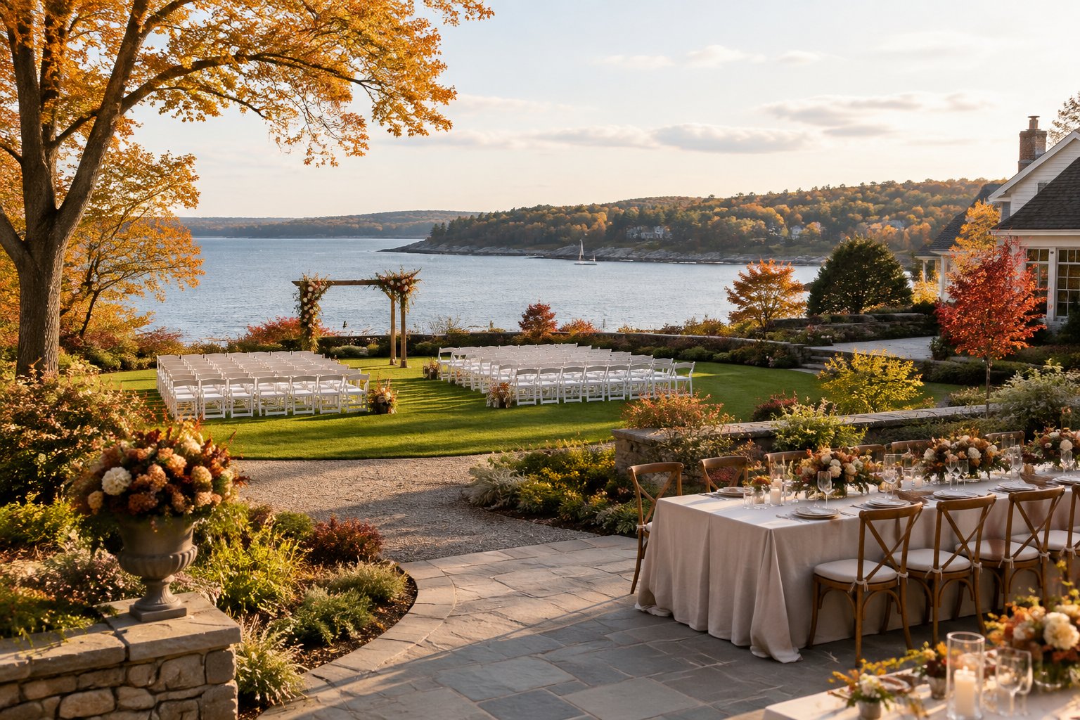Elegant outdoor wedding ceremony and reception setup beside a calm waterfront garden surrounded by colorful autumn trees.