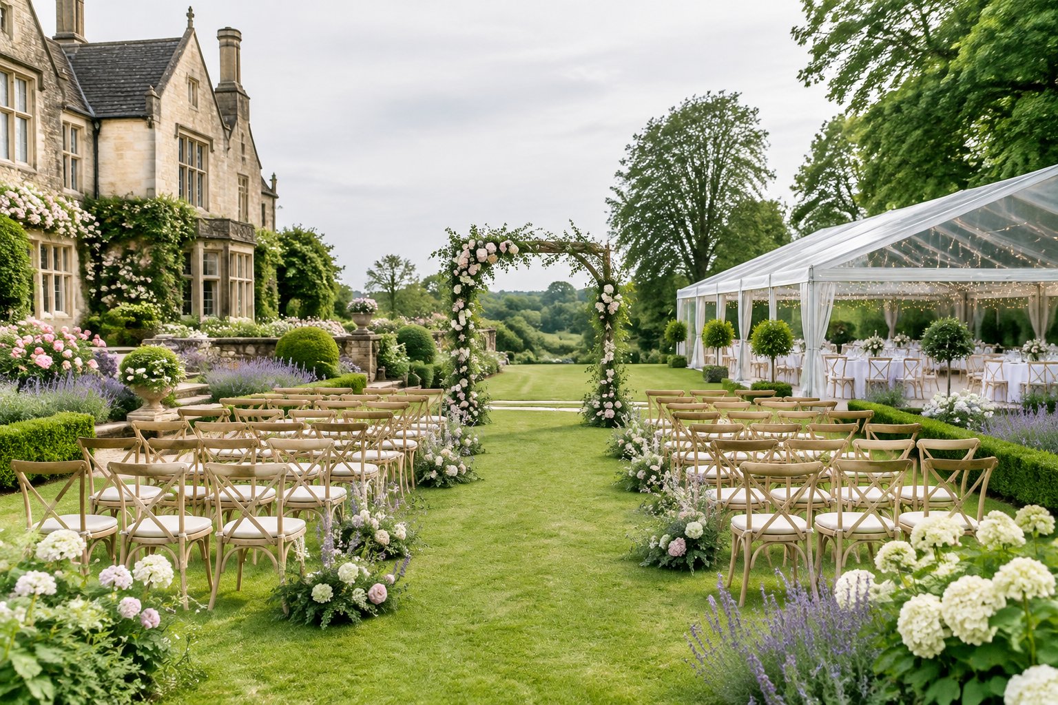 An elegant outdoor wedding ceremony setup in a blooming English garden beside a historic manor.