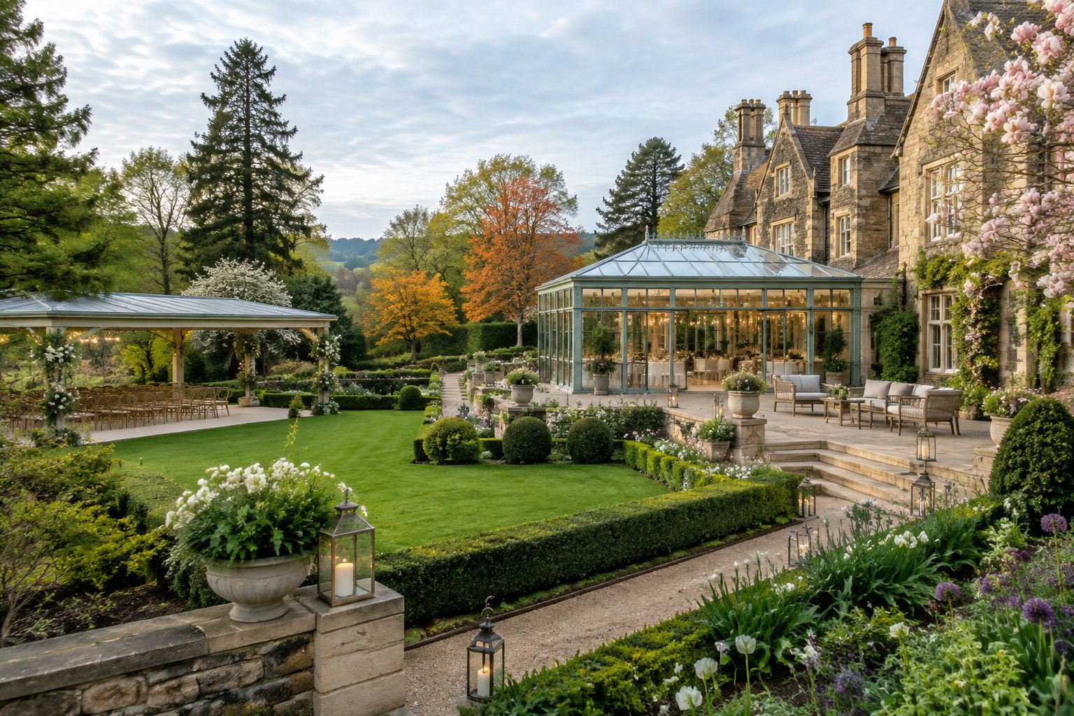 An elegant English garden wedding venue with formal gardens, a country manor, and a covered outdoor area.