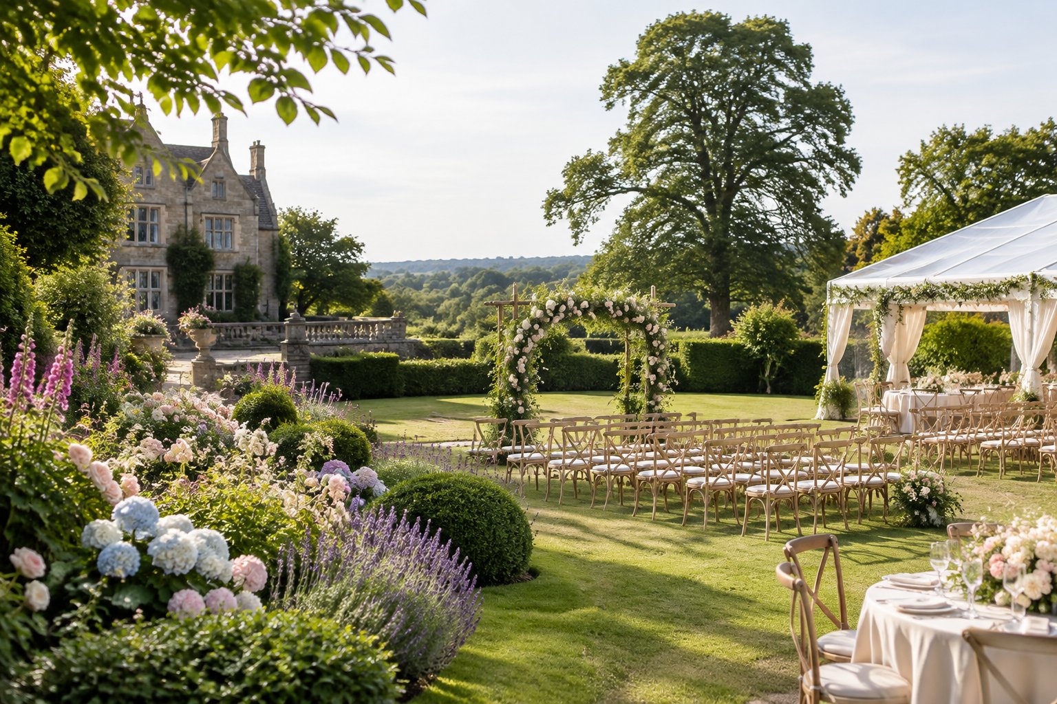 An elegant wedding ceremony setup in a lush English garden beside a traditional manor.