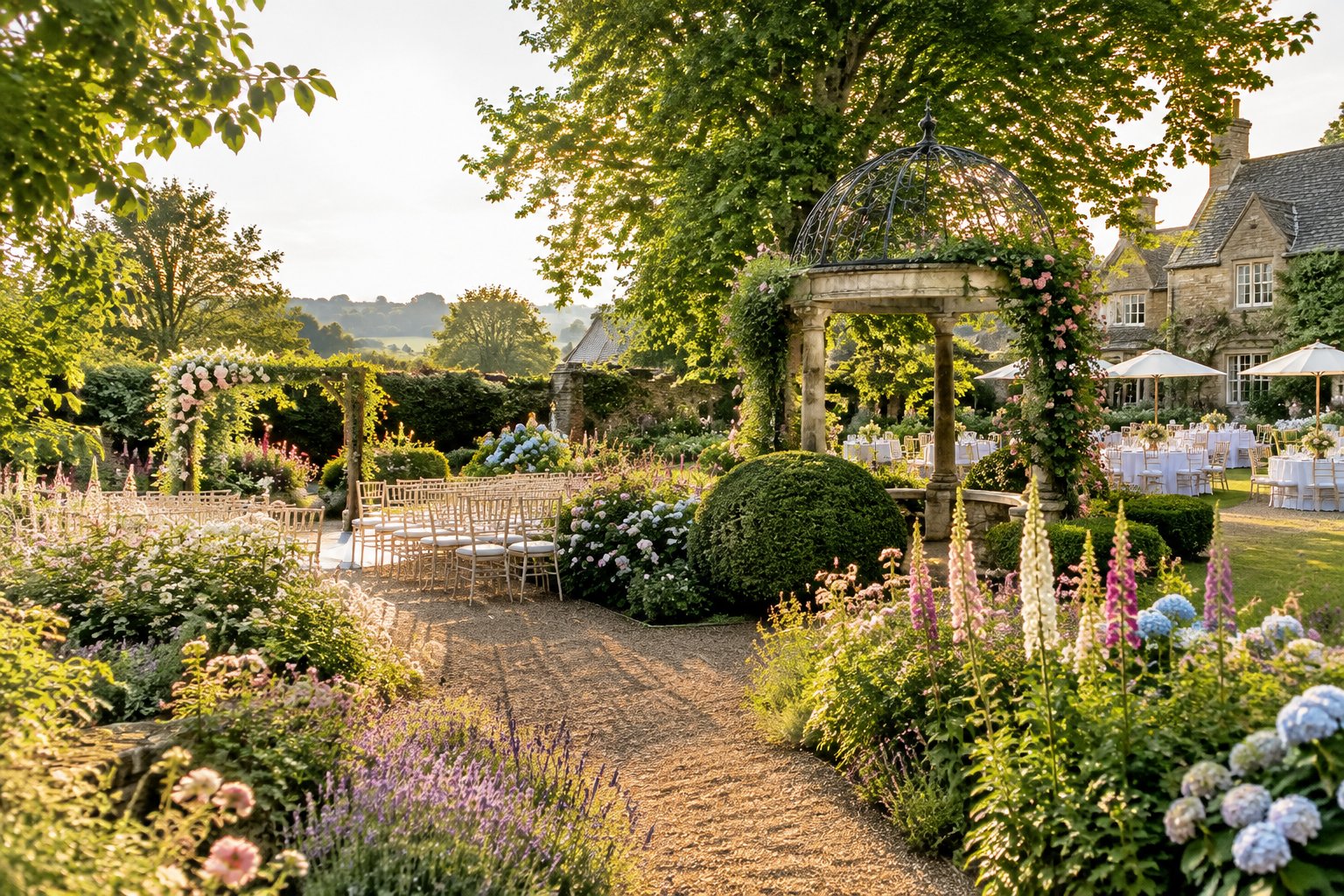 An elegant wedding ceremony setting in a lush English garden surrounded by flowering plants and mature trees.