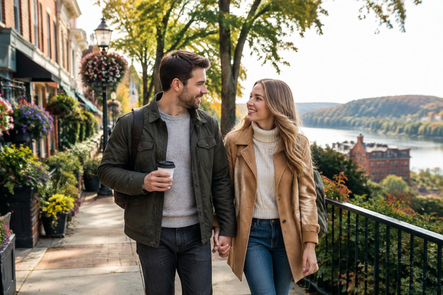 A newlywed couple walks hand in hand through a charming historic street in Galena.