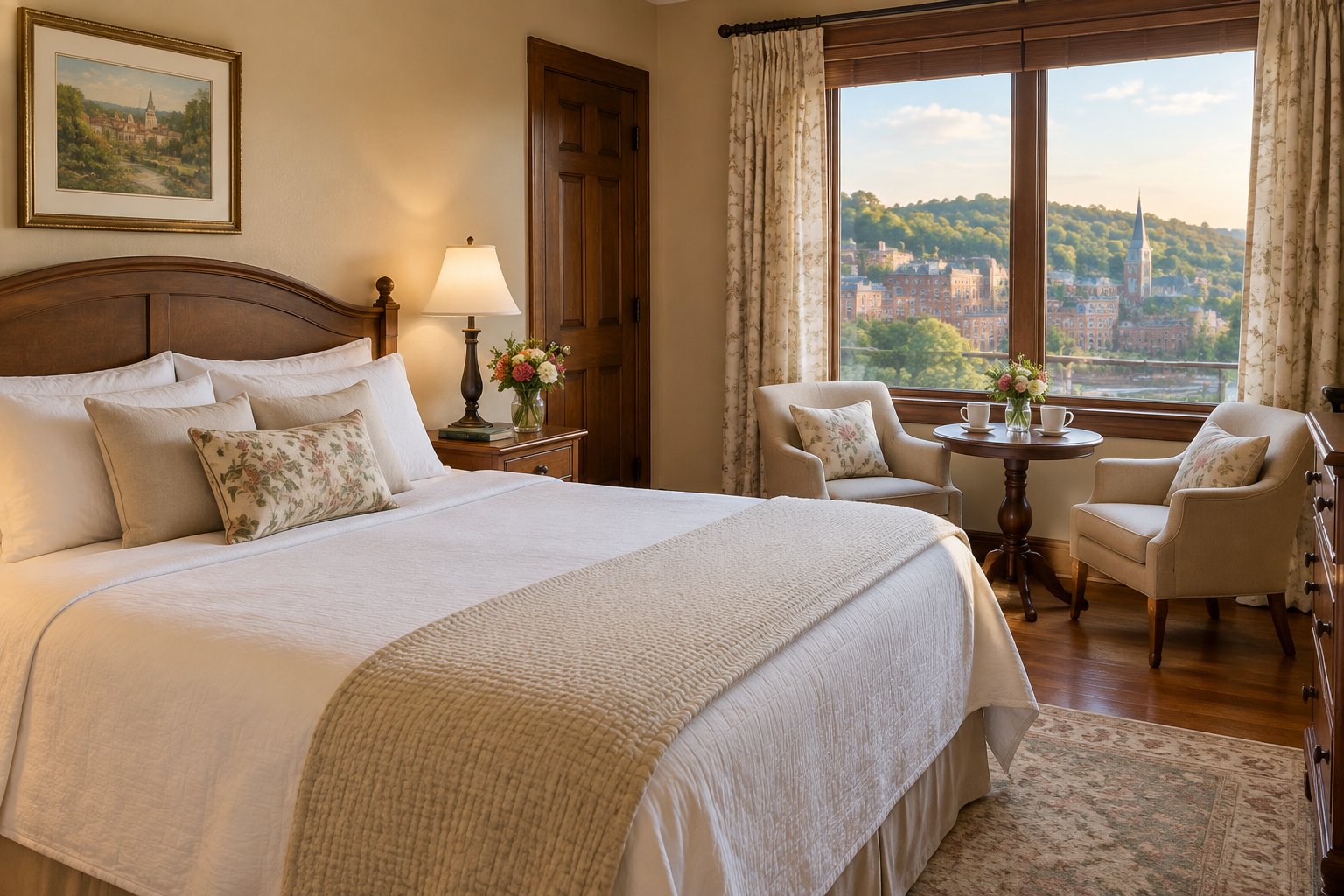 A cozy honeymoon guest room with a neatly made bed, flowers, and a view of historic Galena through the window.
