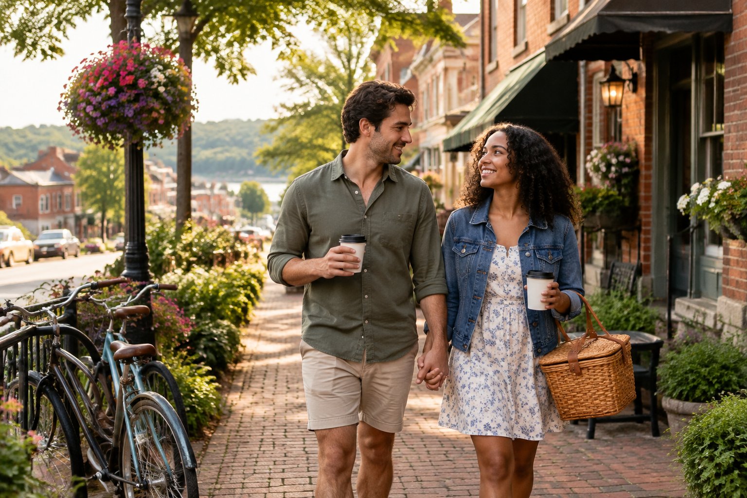A newlywed couple walks hand in hand along a charming historic street in Galena with flowers, trees, and a cozy inn nearby.