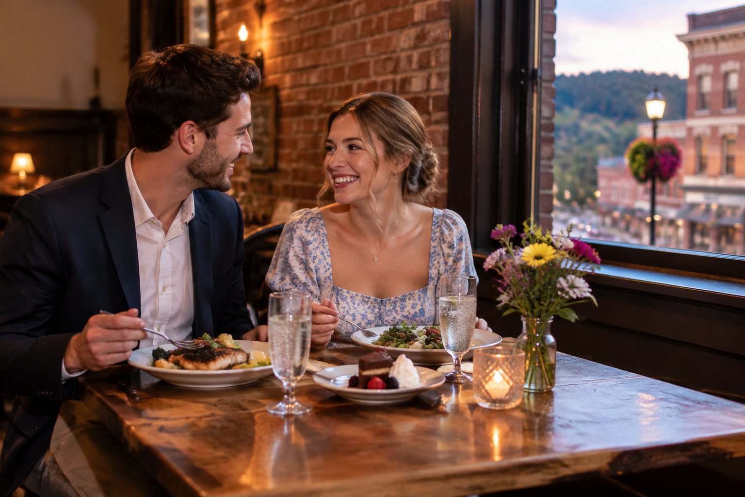 A newlywed couple shares an affordable romantic dinner at a cozy Galena restaurant.