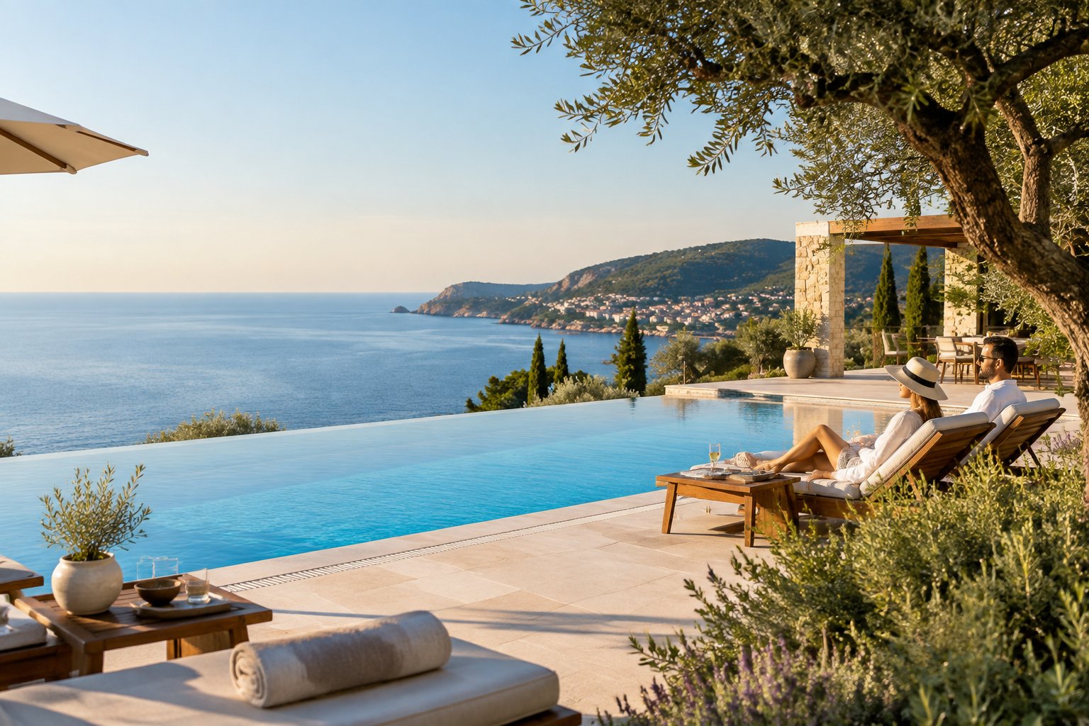 A couple relaxes beside an infinity pool overlooking the Mediterranean at a luxury resort.
