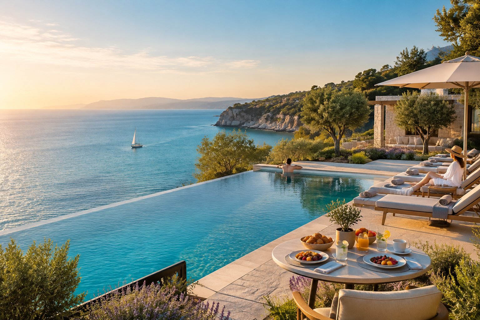 Adults relaxing beside an infinity pool at a Mediterranean seaside resort.
