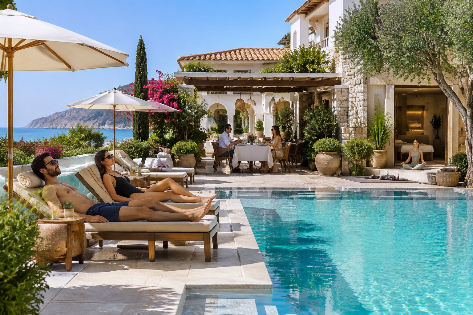 Adults relaxing and dining at a luxurious European resort beside a tranquil pool.