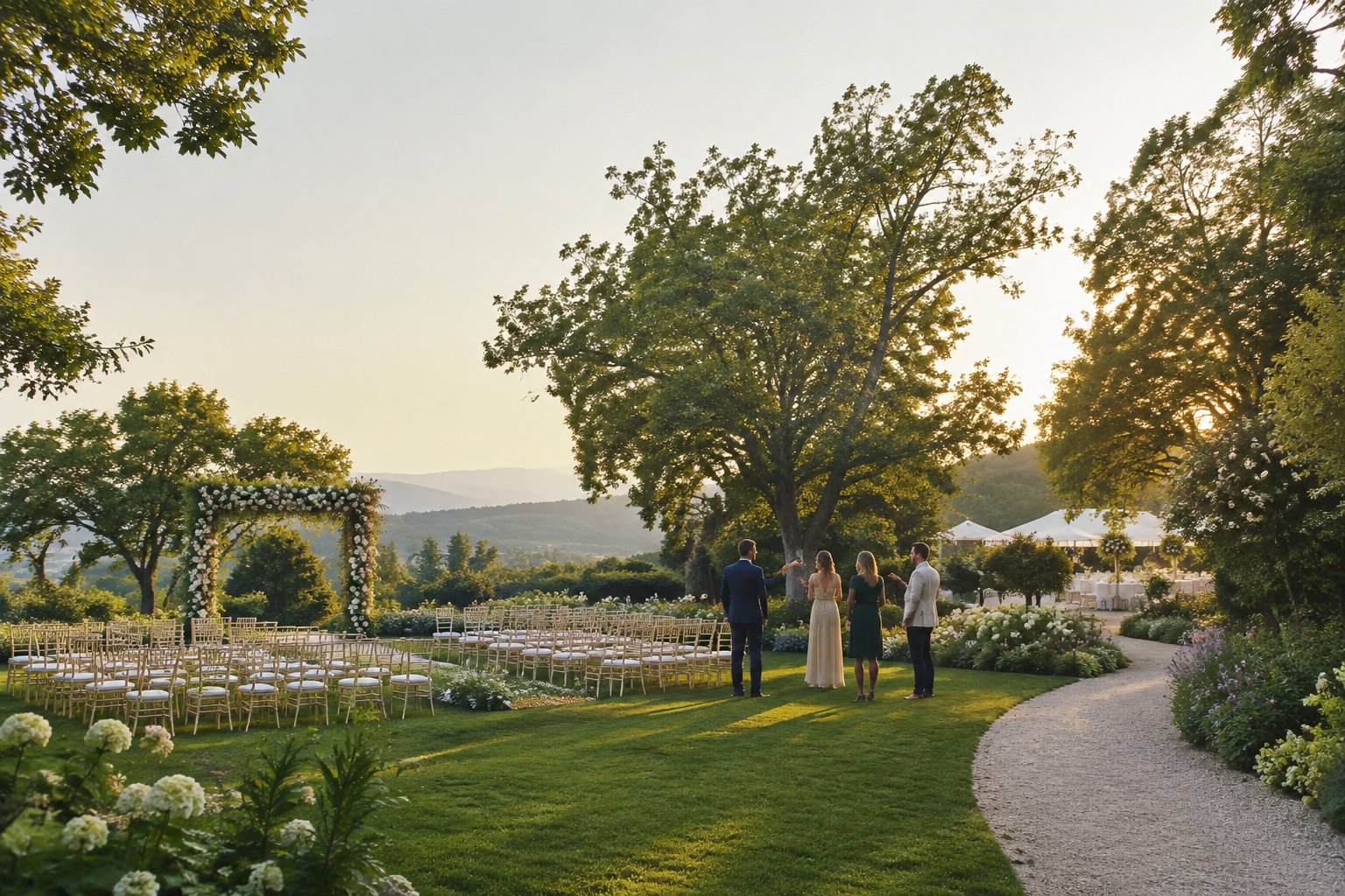 A couple tours a landscaped garden wedding venue with a floral ceremony arch and rows of chairs.
