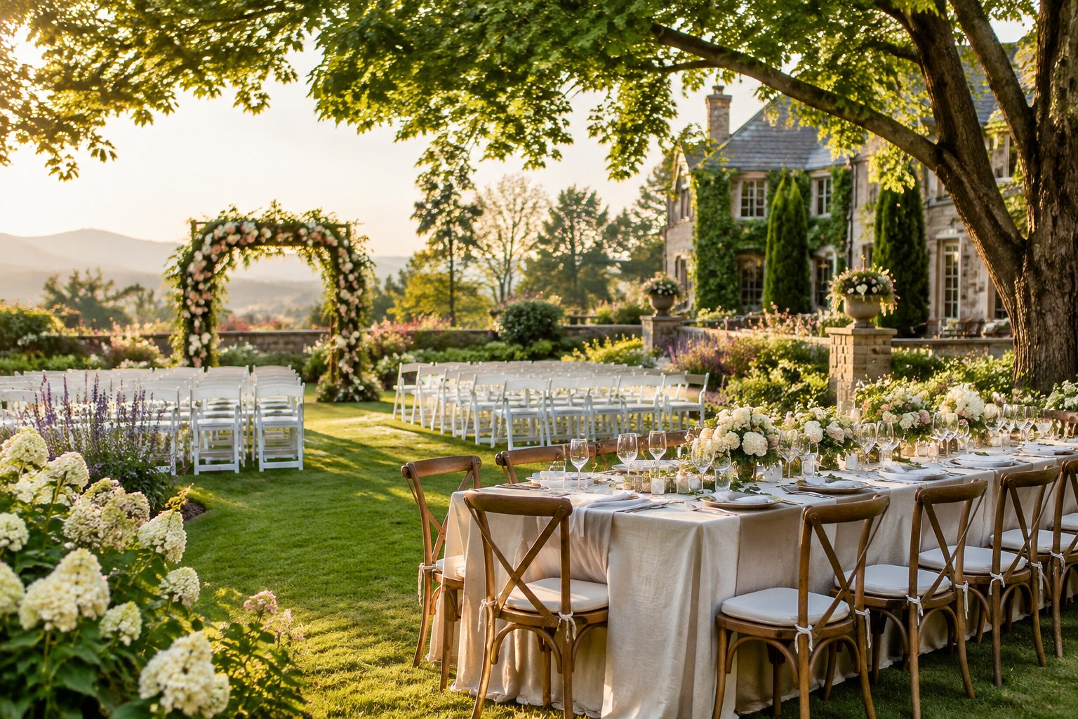 An outdoor garden wedding ceremony and reception setup surrounded by flowering plants and trees.