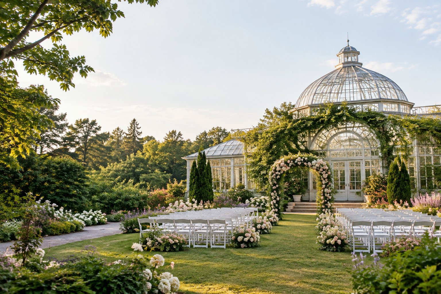 A decorated wedding ceremony set among lush plants beside a glass conservatory.