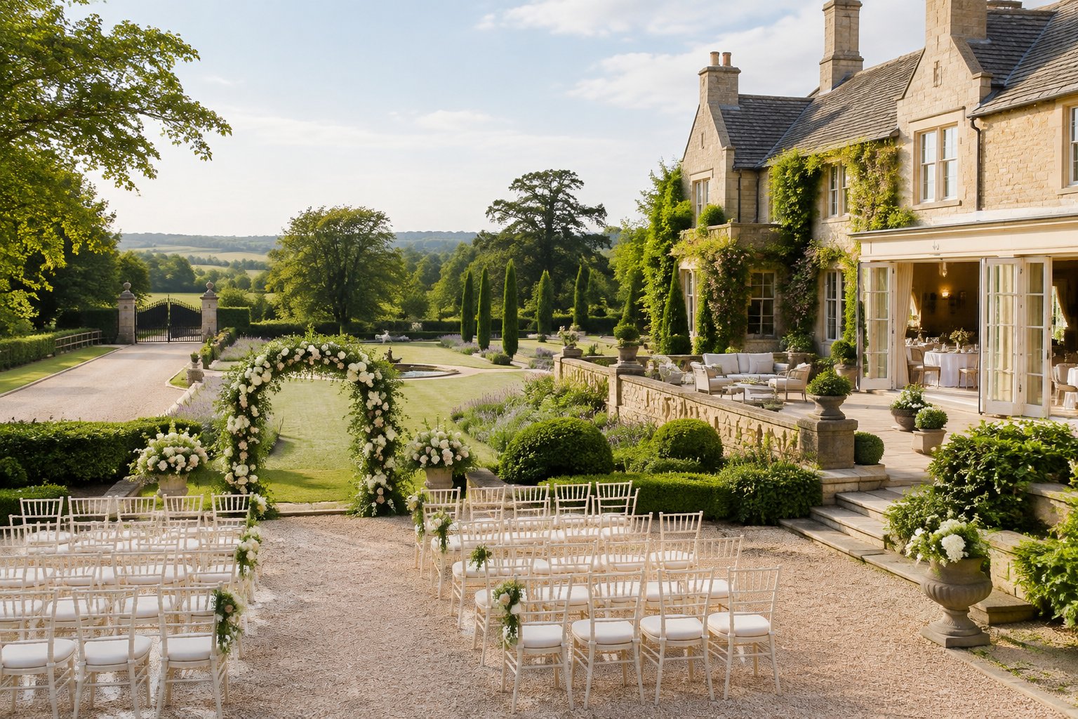 A private wedding venue with a decorated ceremony area, reception terrace, and empty manicured grounds.